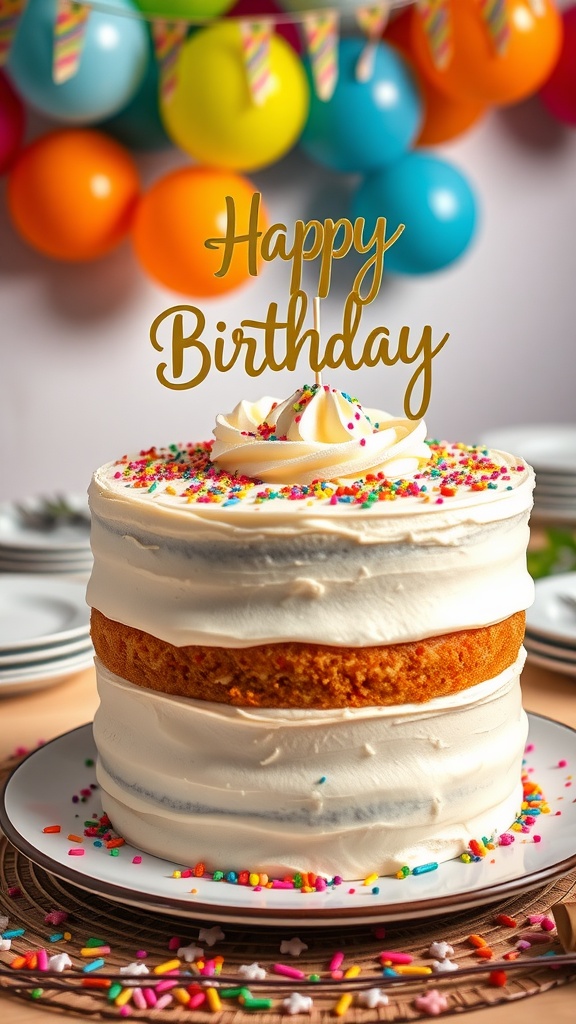 A classic vanilla birthday cake with buttercream frosting and sprinkles in a festive setting.